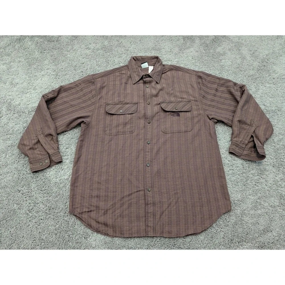 The North Face Button Up Shirt Mens Large Long Sleeve Brown Striped‎ Casual